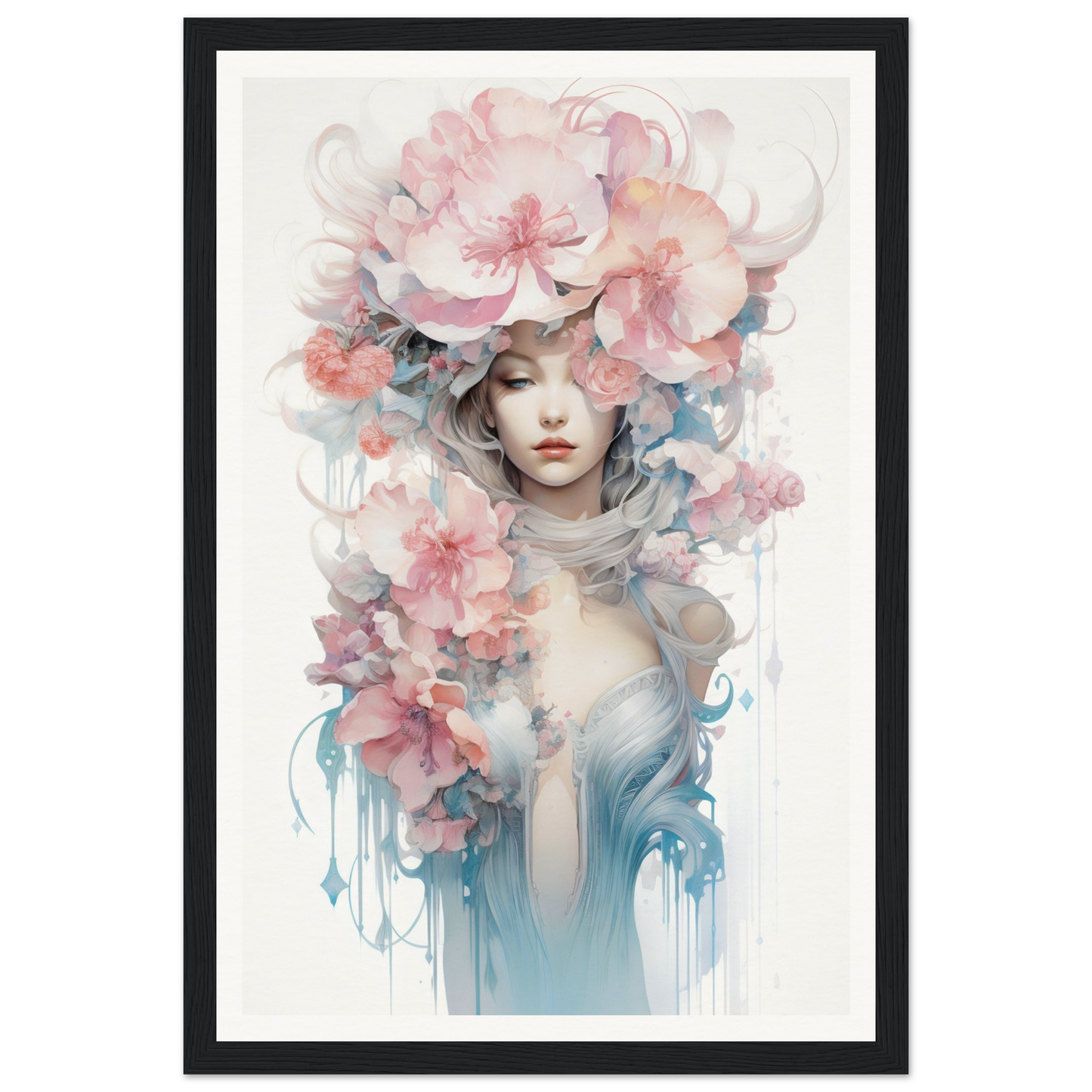 Watercolor-style painting of a figure adorned with delicate pink and blue flowers.