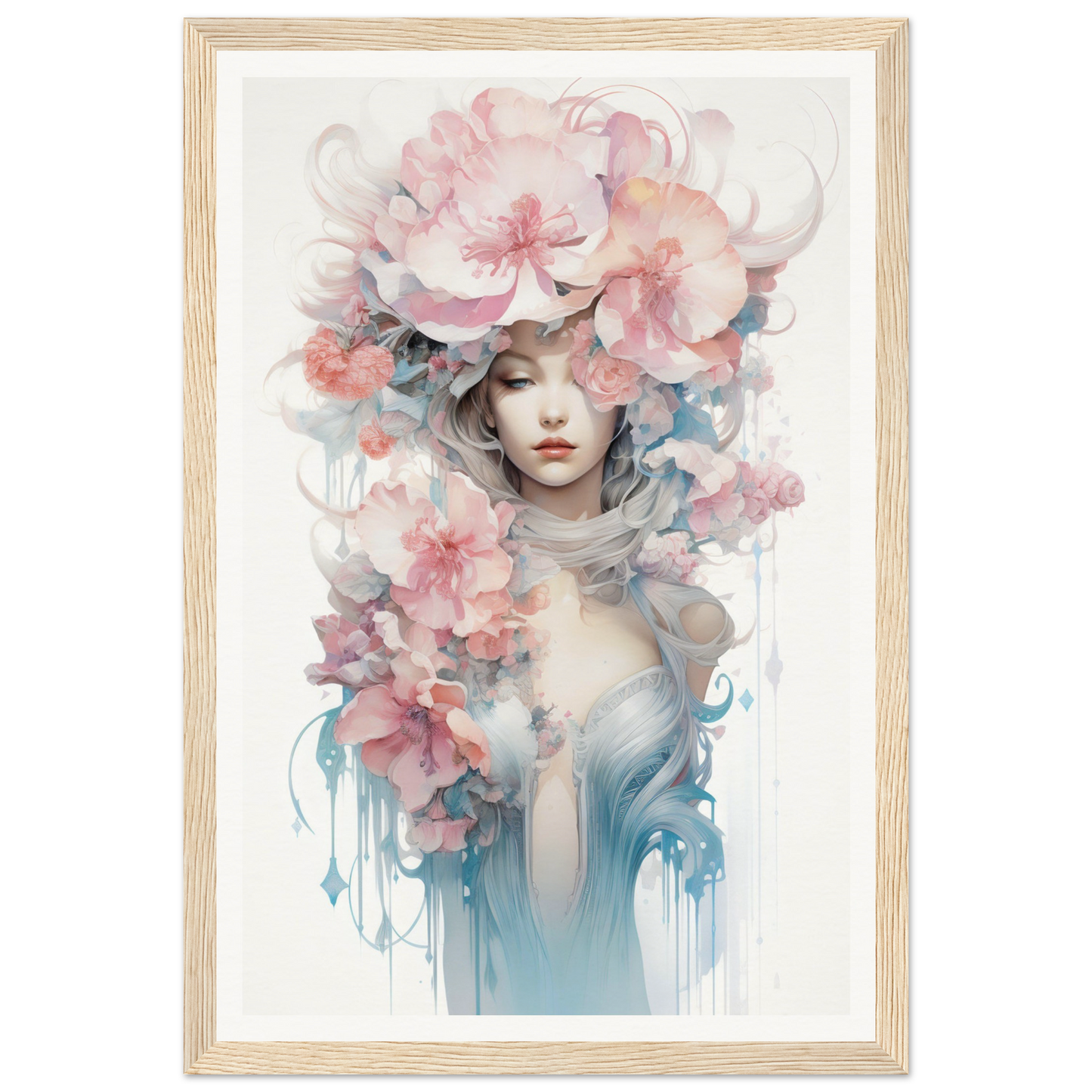 Watercolor-style painting of a figure adorned with delicate pink and blue flowers.