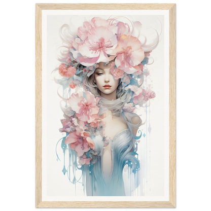 Watercolor-style painting of a figure adorned with delicate pink and blue flowers.