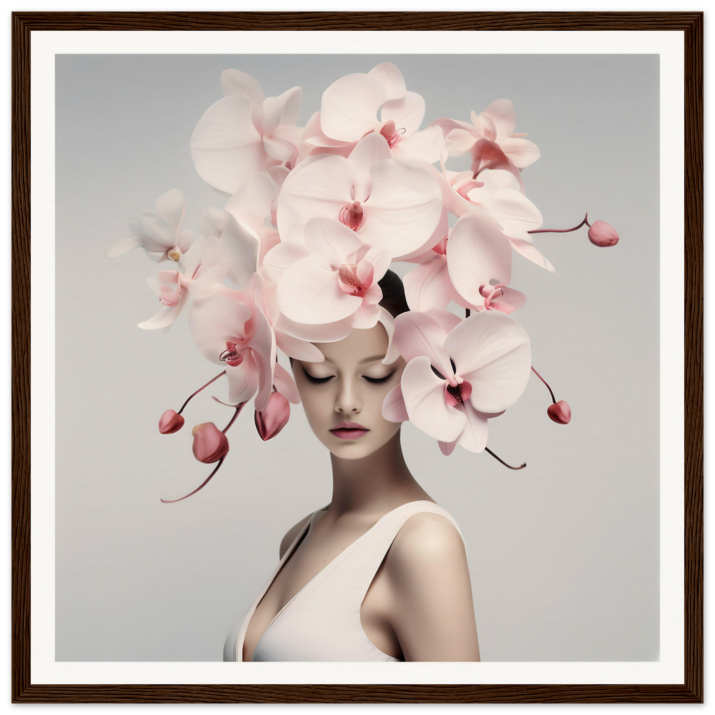 Elegant portrait featuring a person adorned with a dramatic orchid headdress.