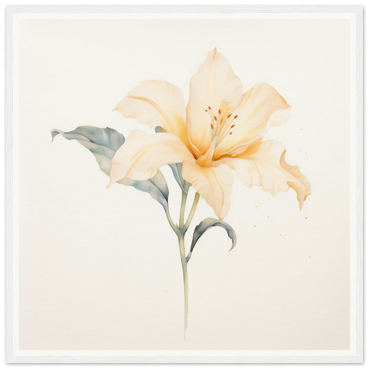 Delicate pale peach lily with soft green leaves and stem.