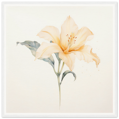 Delicate pale peach lily with soft green leaves and stem.