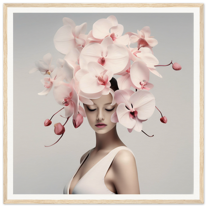 Elegant floral headdress composed of pale pink orchids adorning a figure’s head.