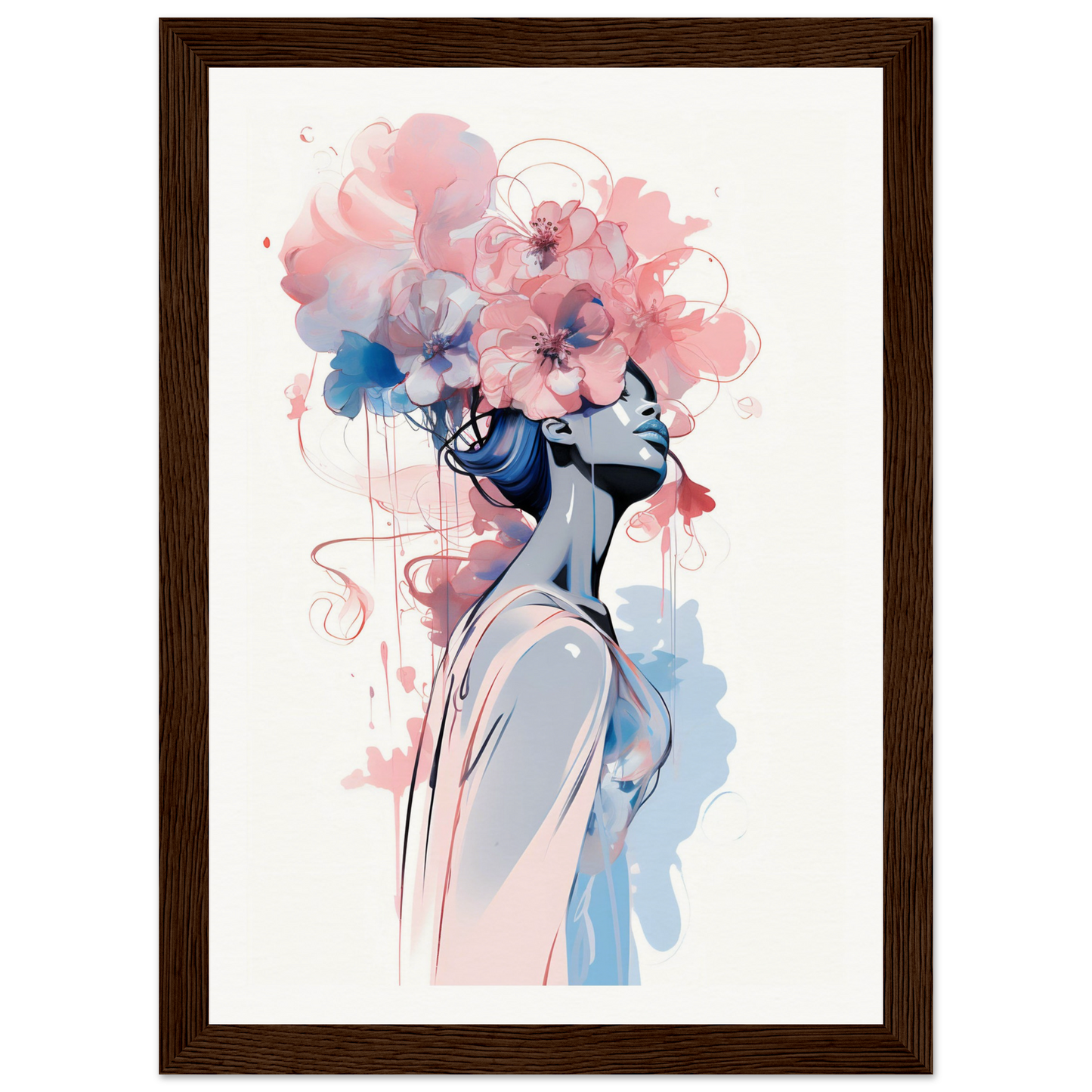 Watercolor-style painting of a feminine figure with floral elements forming the head and hair.