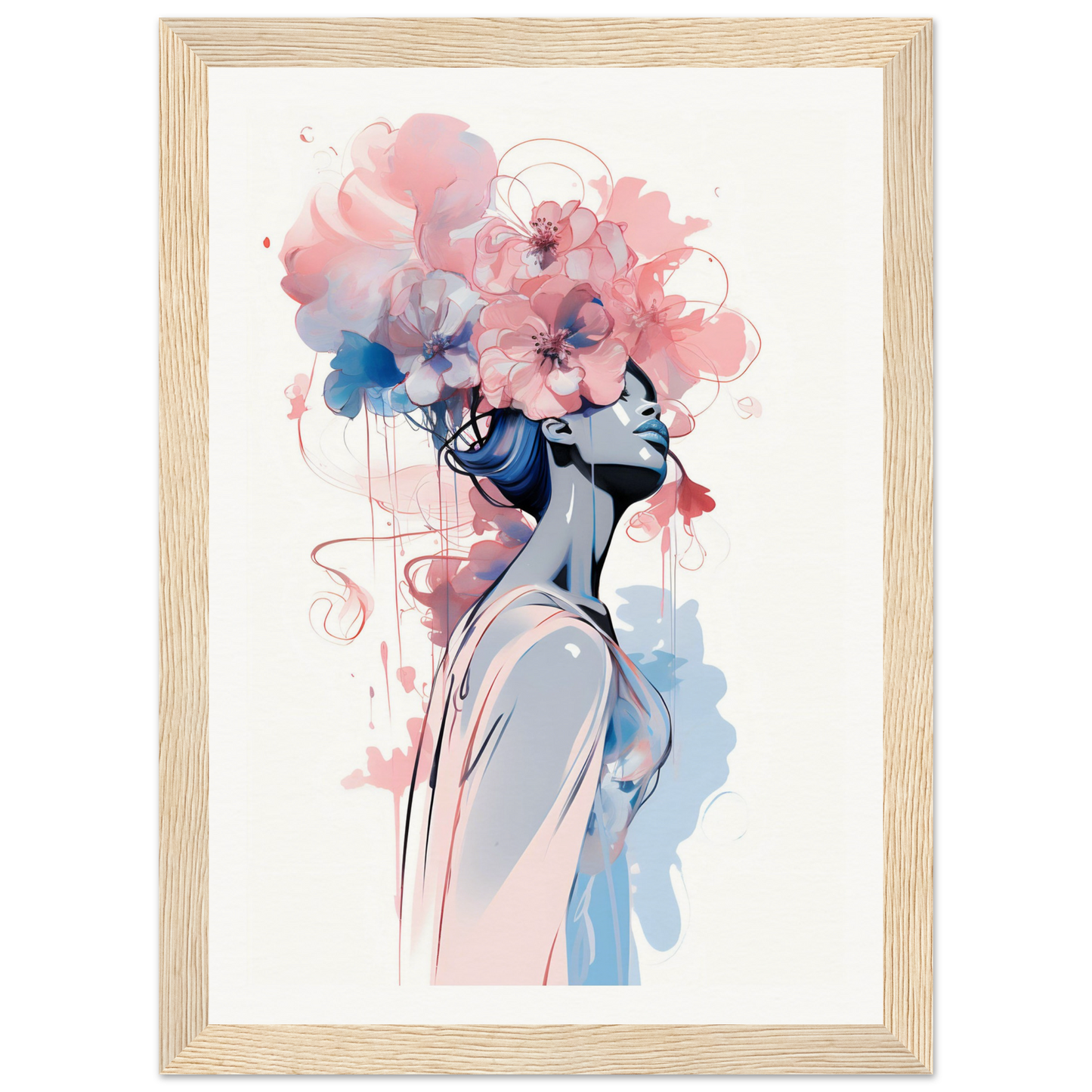 Watercolor-style painting of a figure with a floral head in soft pink and blue tones.