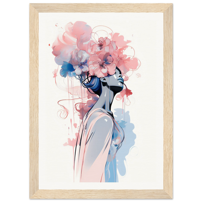 Watercolor-style painting of a figure with a floral head in soft pink and blue tones.