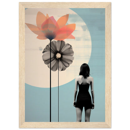 Stylized artwork featuring oversized flowers and a silhouetted female figure against a pale background with a large circular shape.