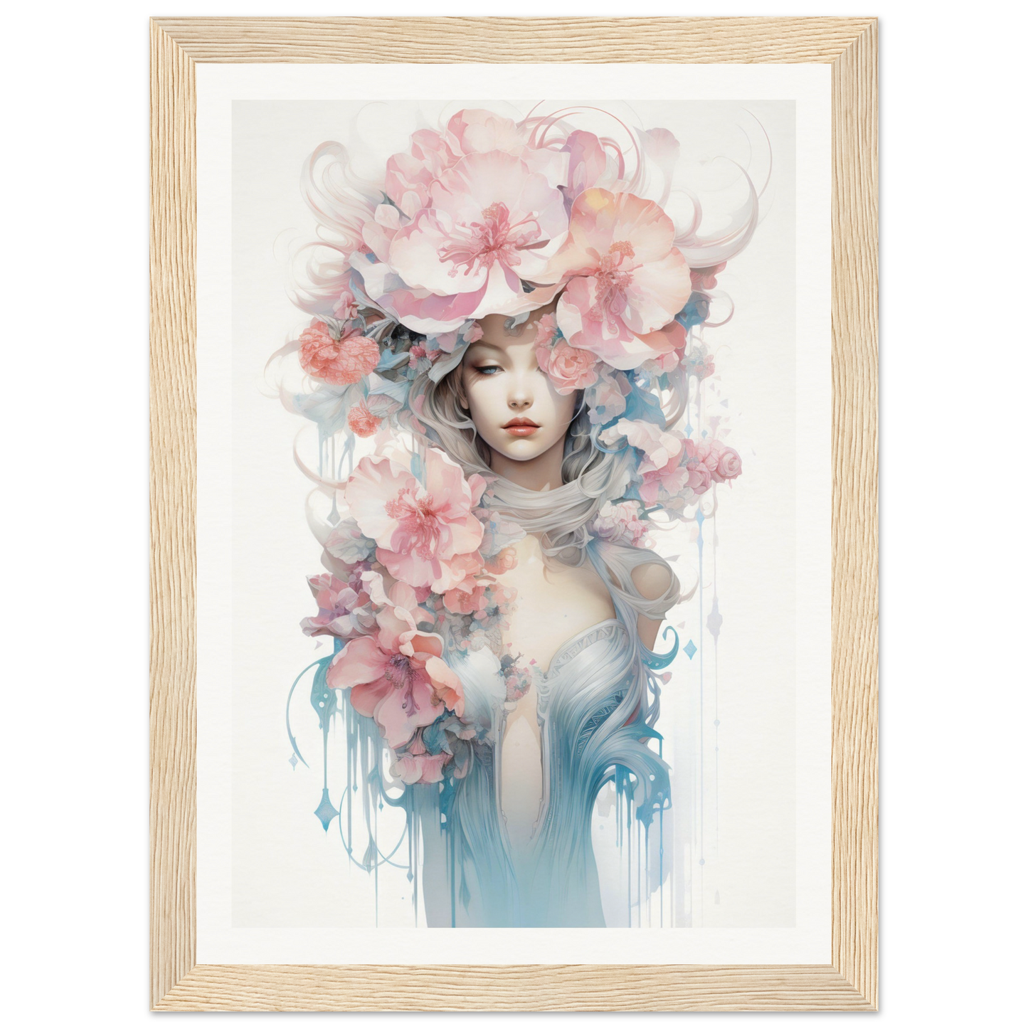 Watercolor-style portrait of a figure adorned with delicate floral elements and soft pastel hues.