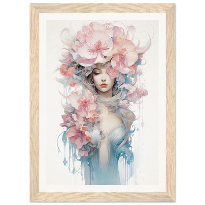 Watercolor-style portrait of a figure adorned with delicate floral elements and soft pastel hues.