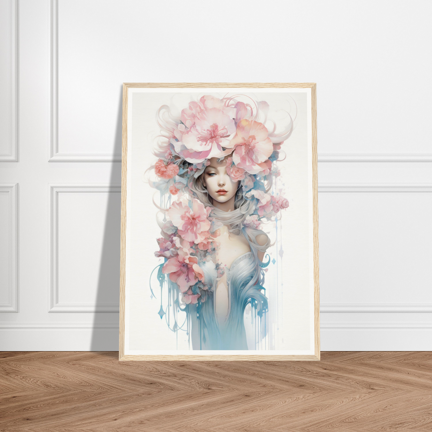 Framed watercolor painting of a woman’s face surrounded by soft pink flowers and blue hues.