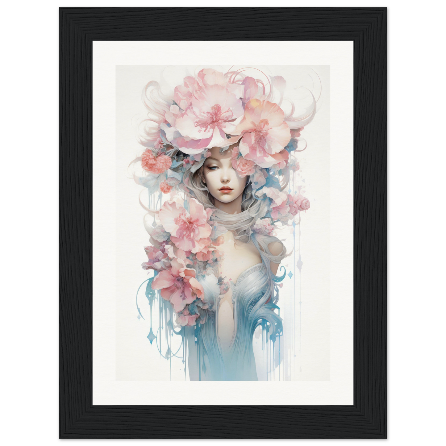 Ethereal portrait of a figure adorned with delicate pink and blue floral elements.