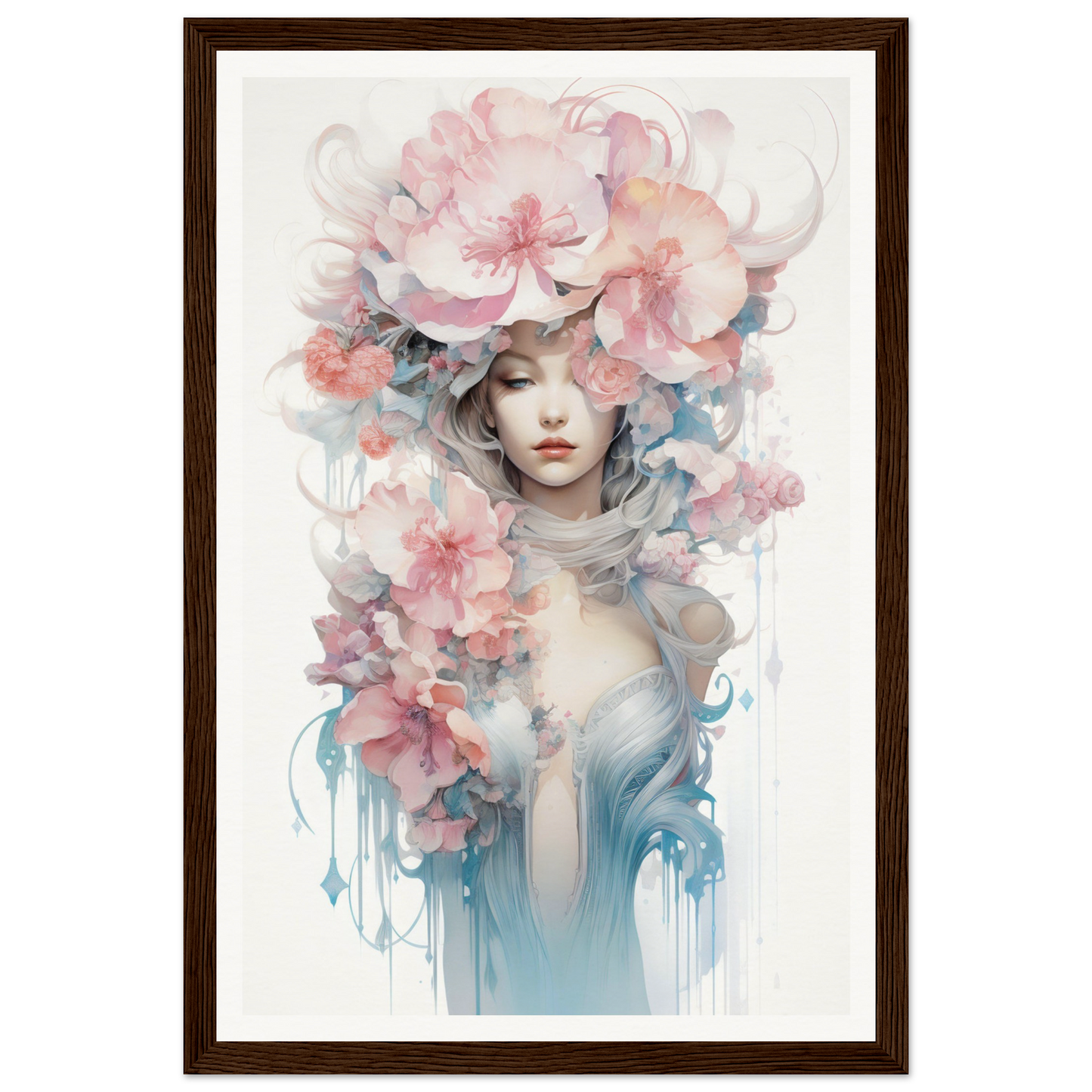 Framed watercolor painting depicting a figure adorned with delicate pink and blue floral elements.