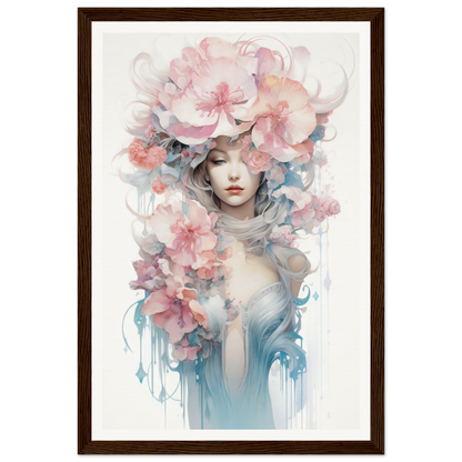 Framed watercolor painting depicting a figure adorned with delicate pink and blue floral elements.