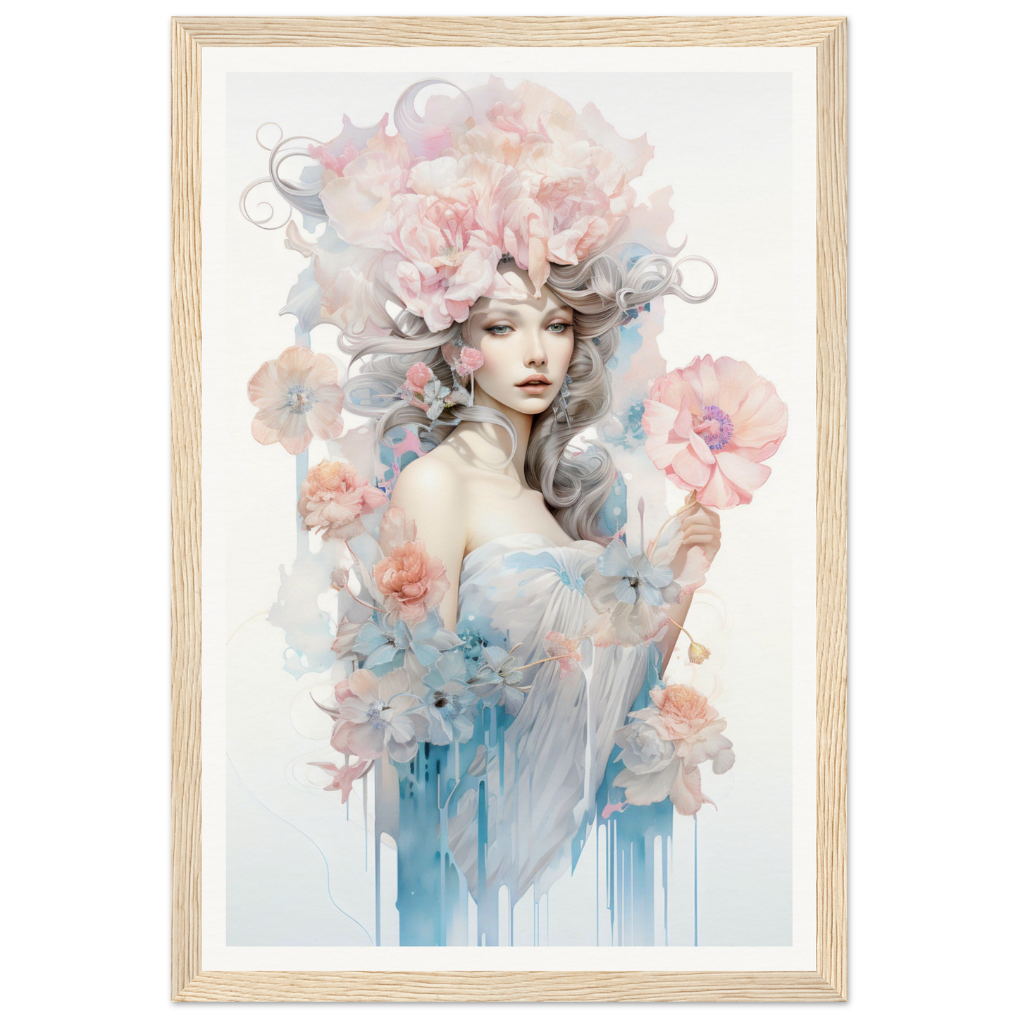 Ethereal watercolor-style portrait of a woman surrounded by soft floral elements and pastel hues.