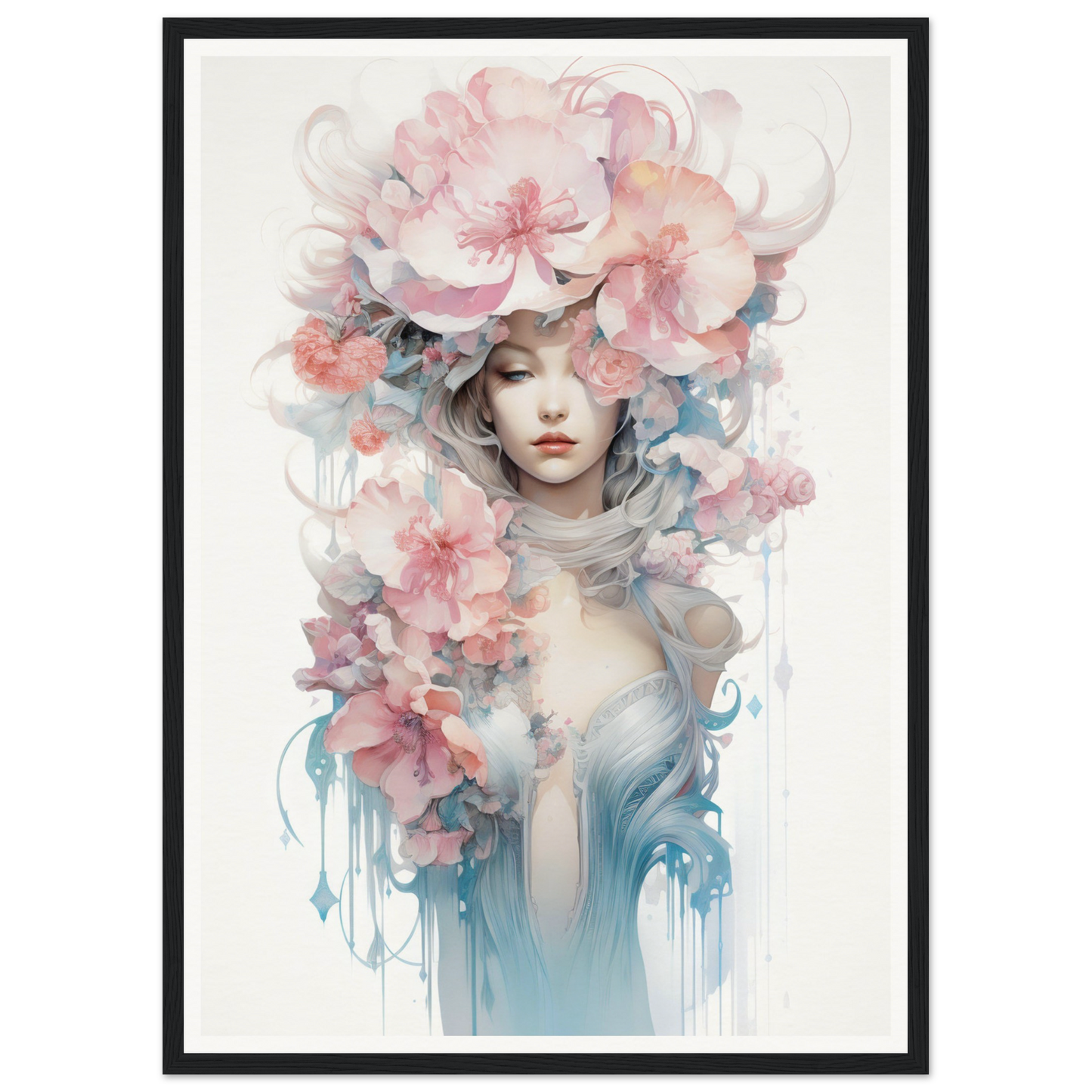 Ethereal portrait of a figure adorned with delicate floral elements in soft pastel hues.