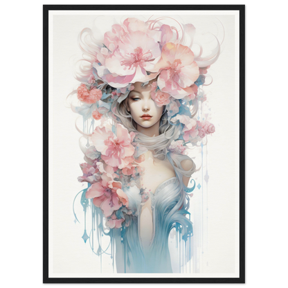 Ethereal portrait of a figure adorned with delicate floral elements in soft pastel hues.