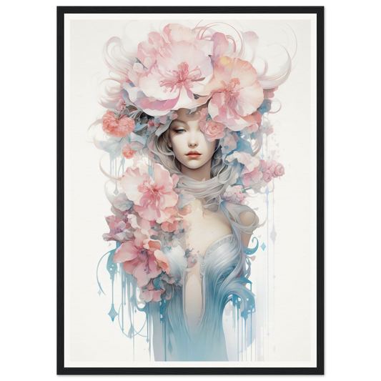 Ethereal portrait of a figure adorned with delicate floral elements in soft pastel hues.