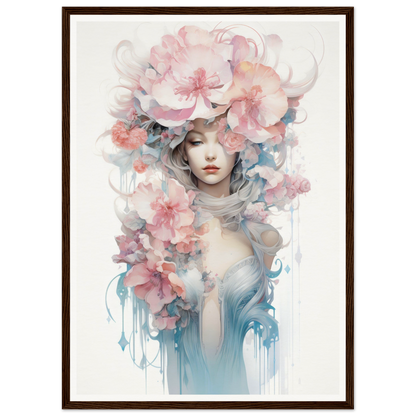 Ethereal watercolor-style portrait of a figure adorned with delicate pink and blue floral elements.