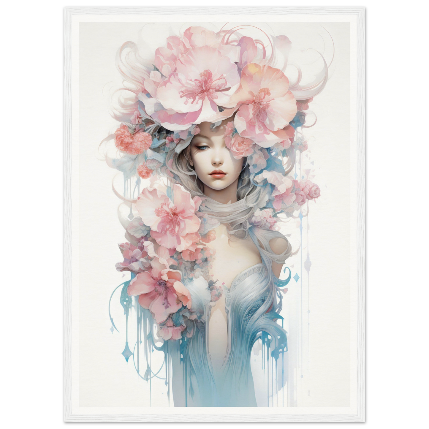 Ethereal portrait of a woman adorned with delicate floral elements in soft pastel hues.