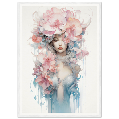 Ethereal portrait of a woman adorned with delicate floral elements in soft pastel hues.