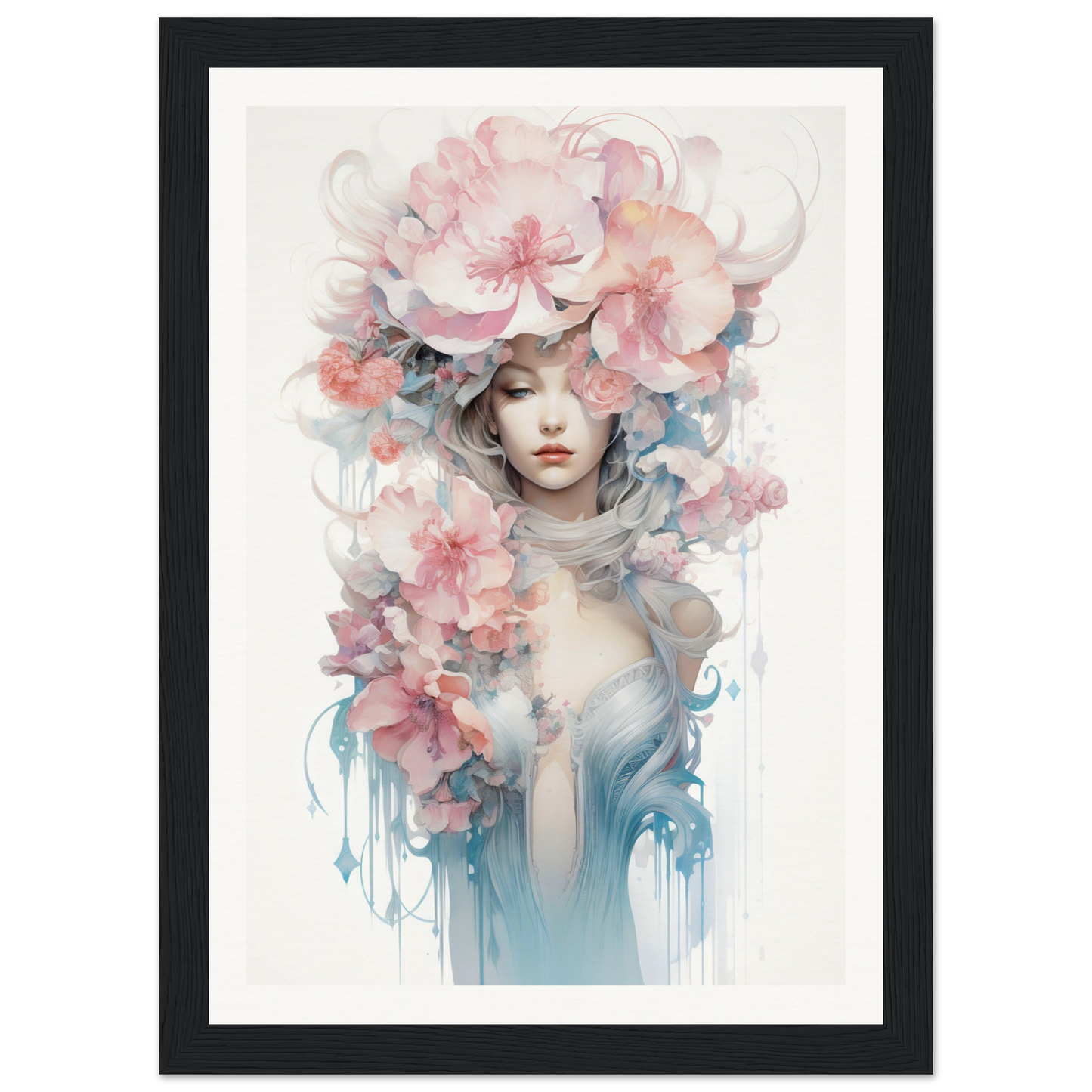 Watercolor-style portrait of a figure adorned with delicate floral elements and soft, flowing colors.