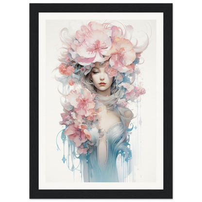 Watercolor-style portrait of a figure adorned with delicate floral elements and soft, flowing colors.