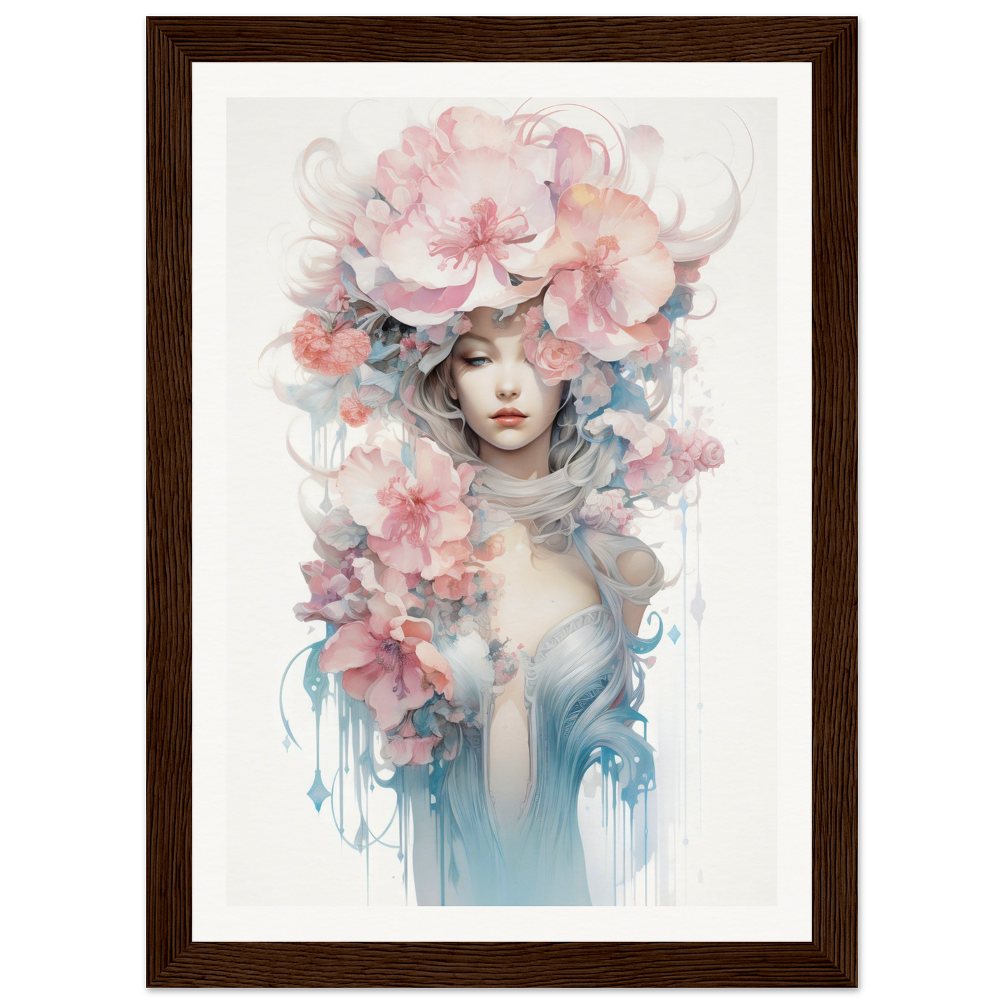 Watercolor-style portrait of a figure adorned with delicate floral elements and soft pastel hues.