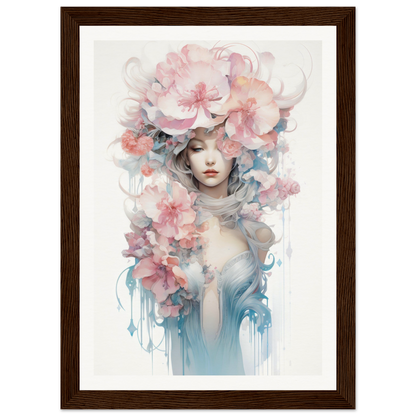 Watercolor-style portrait of a figure adorned with delicate floral elements and soft pastel hues.