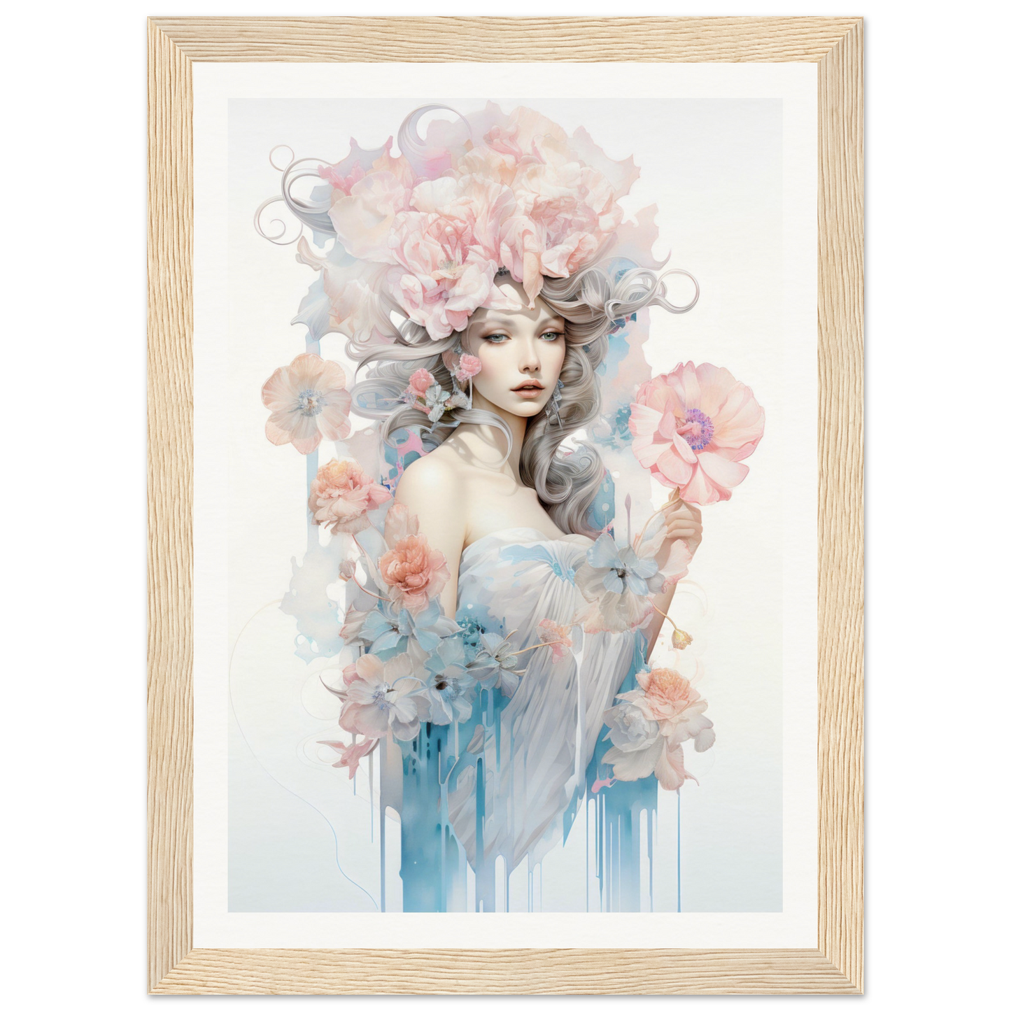 Ethereal watercolor portrait of a woman with floral elements in her hair and surrounding her.