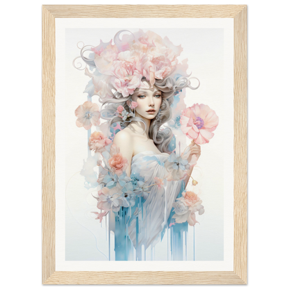 Ethereal watercolor portrait of a woman with floral elements in her hair and surrounding her.