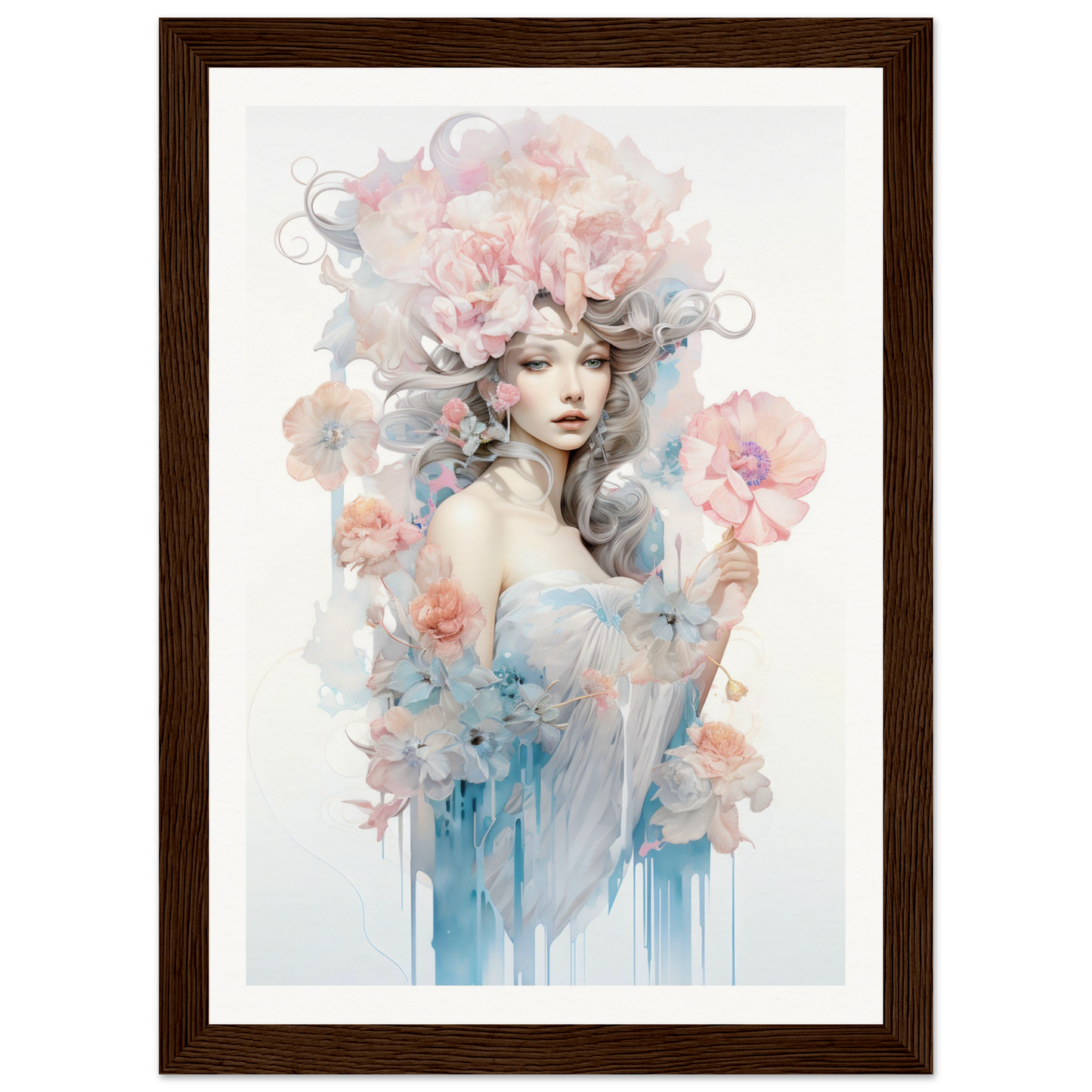 Ethereal watercolor-style portrait of a woman surrounded by delicate flowers and swirling pastel hues.