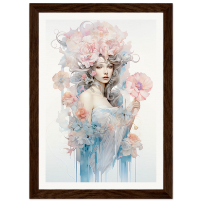 Ethereal watercolor-style portrait of a woman surrounded by delicate flowers and swirling pastel hues.