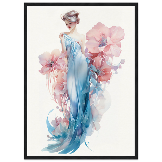 Elegant woman in a flowing blue gown surrounded by pink floral elements.