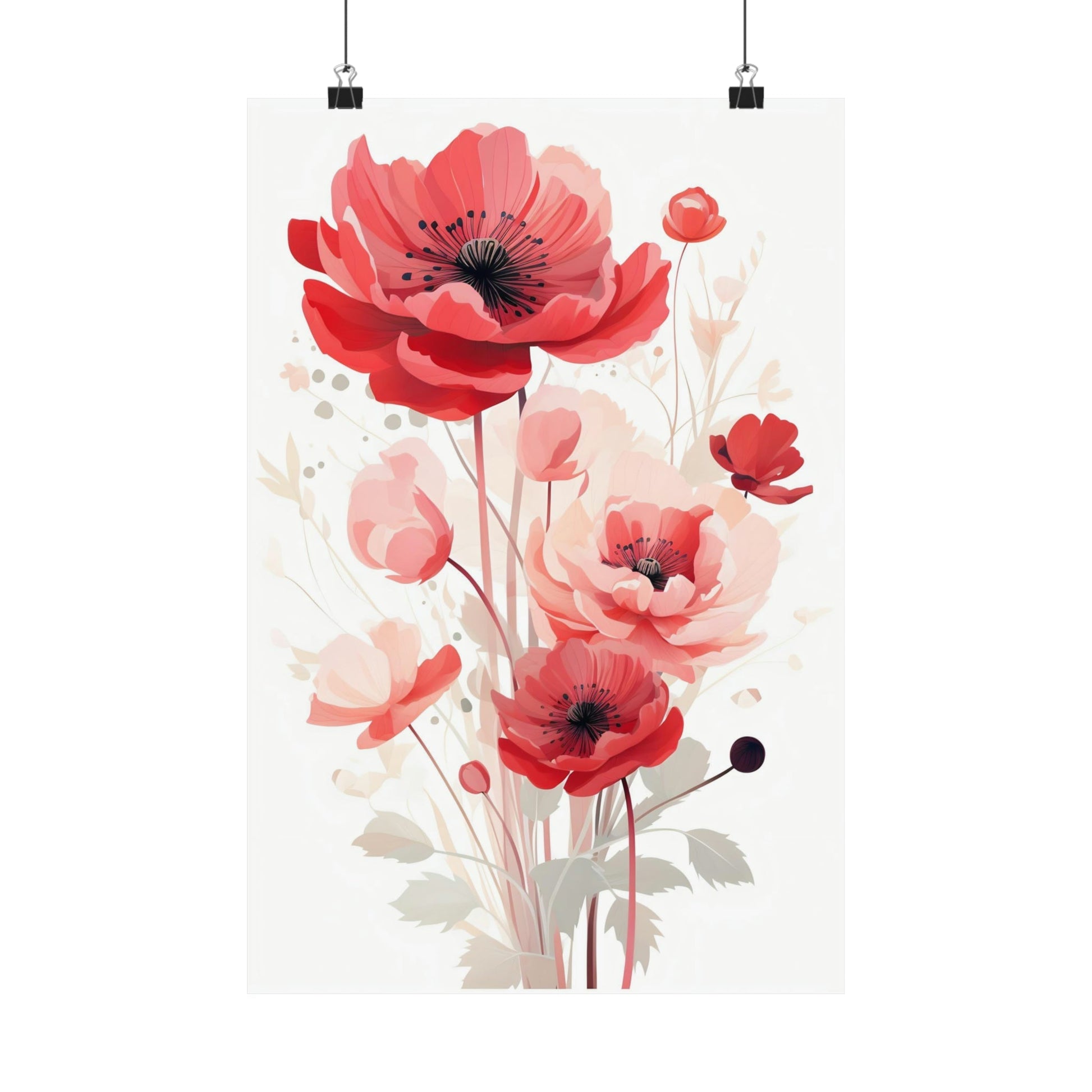 Watercolor painting of red poppies with delicate stems and petals.