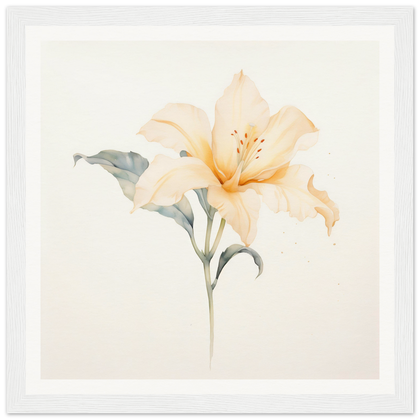 Delicate watercolor painting of a pale peach lily flower with green leaves.