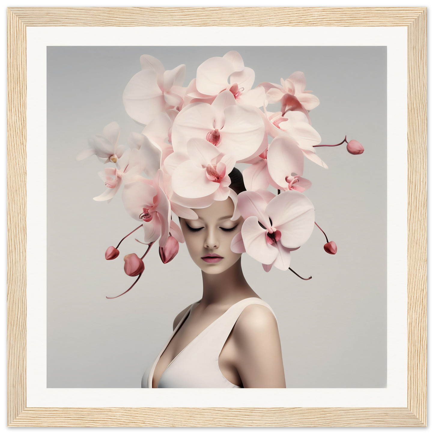 Woman wearing an elaborate headdress made of pale pink orchids.