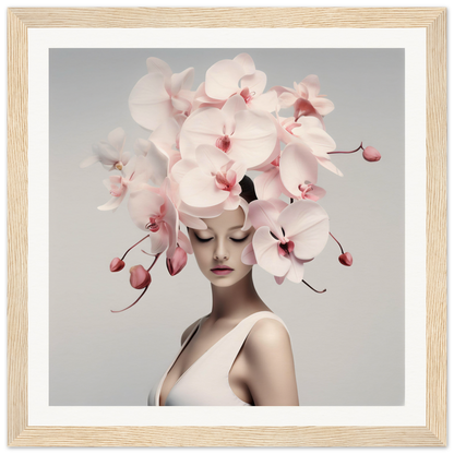 Woman wearing an elaborate headdress made of pale pink orchids.