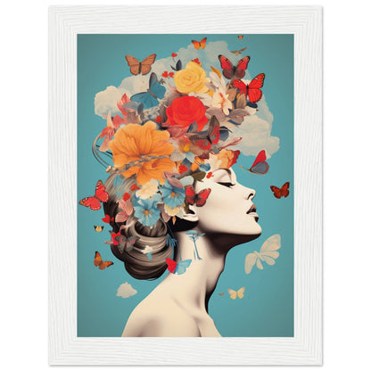 Artistic portrait of a woman with flowers, butterflies, and clouds forming an elaborate headdress.