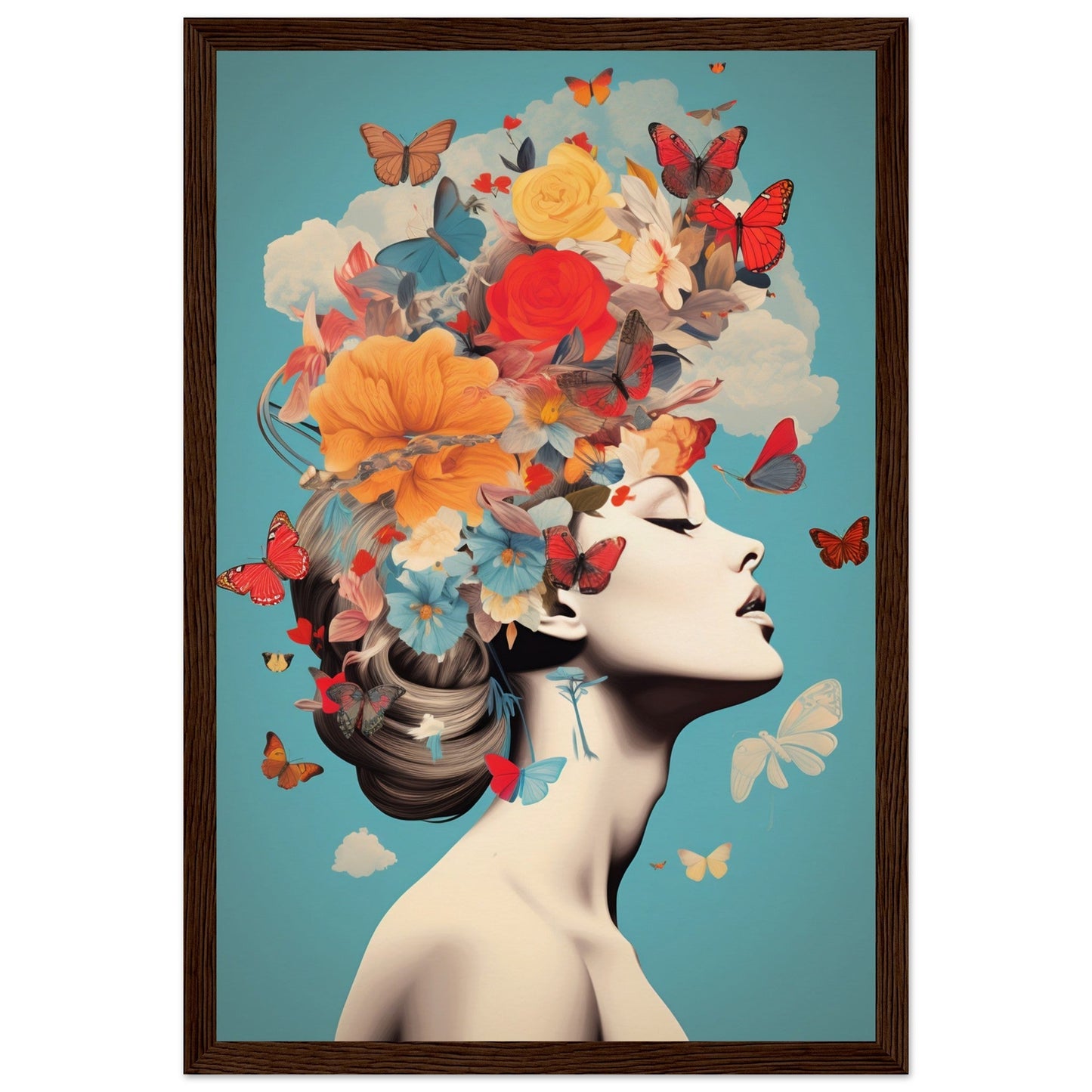 Surreal portrait of a woman with colorful flowers and butterflies emerging from her head instead of hair.