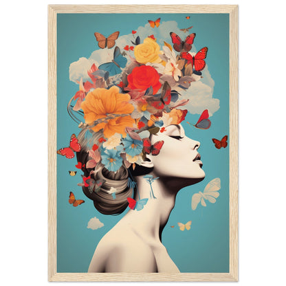 Artistic portrait of a woman with flowers, butterflies, and clouds forming an elaborate headdress.