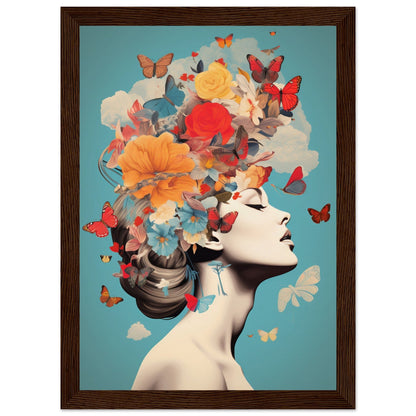 Surreal portrait featuring a figure with colorful flowers, butterflies, and clouds emerging from their head against a teal background.