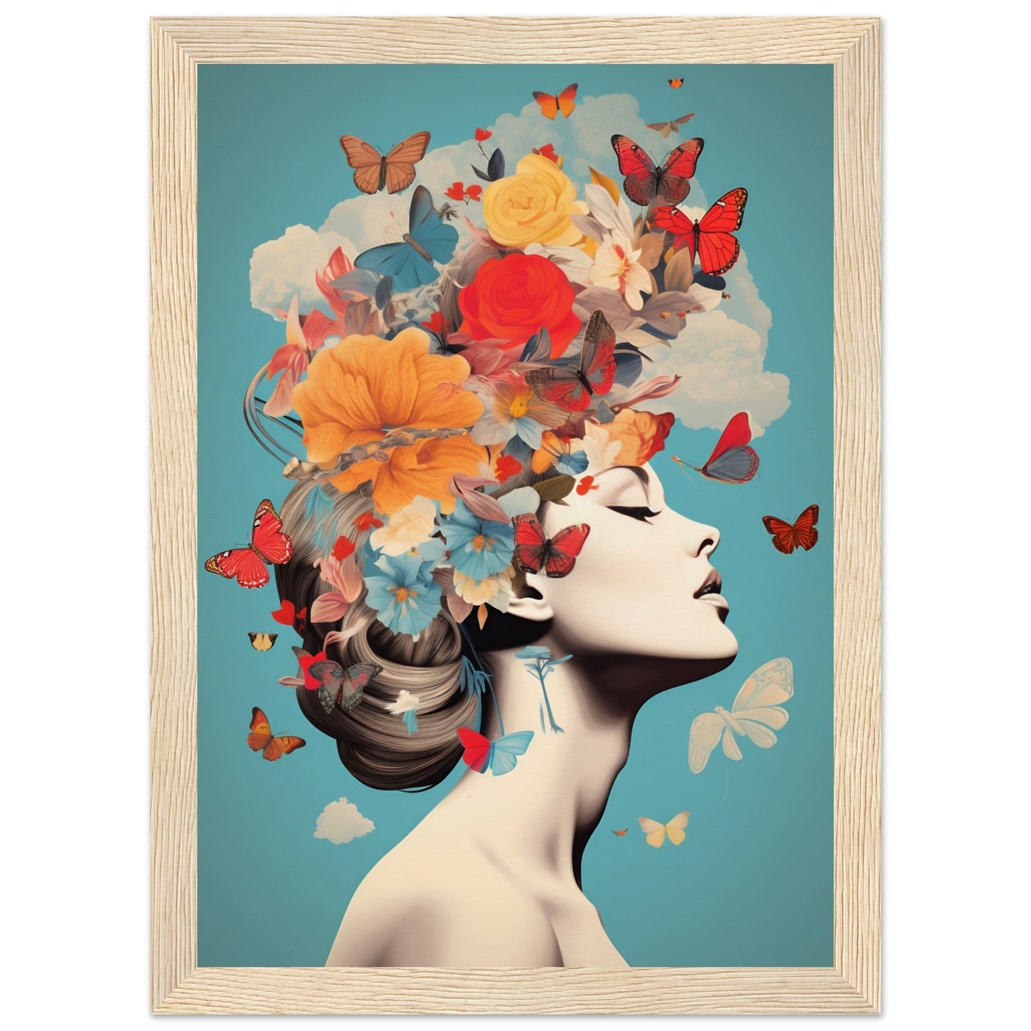 Surreal portrait featuring a figure with colorful flowers, butterflies, and clouds emerging from their head against a teal background.