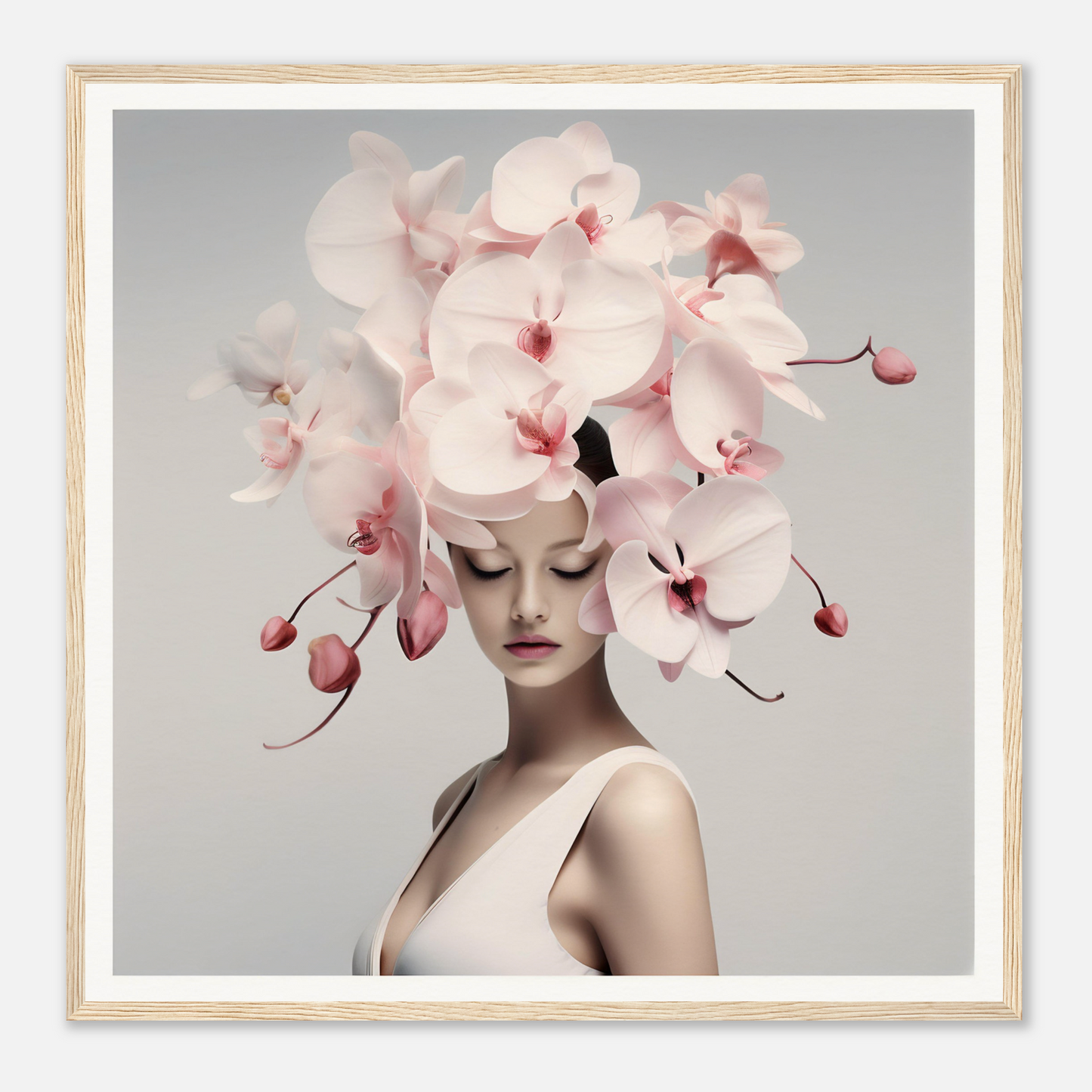 Woman wearing an elaborate orchid headdress.