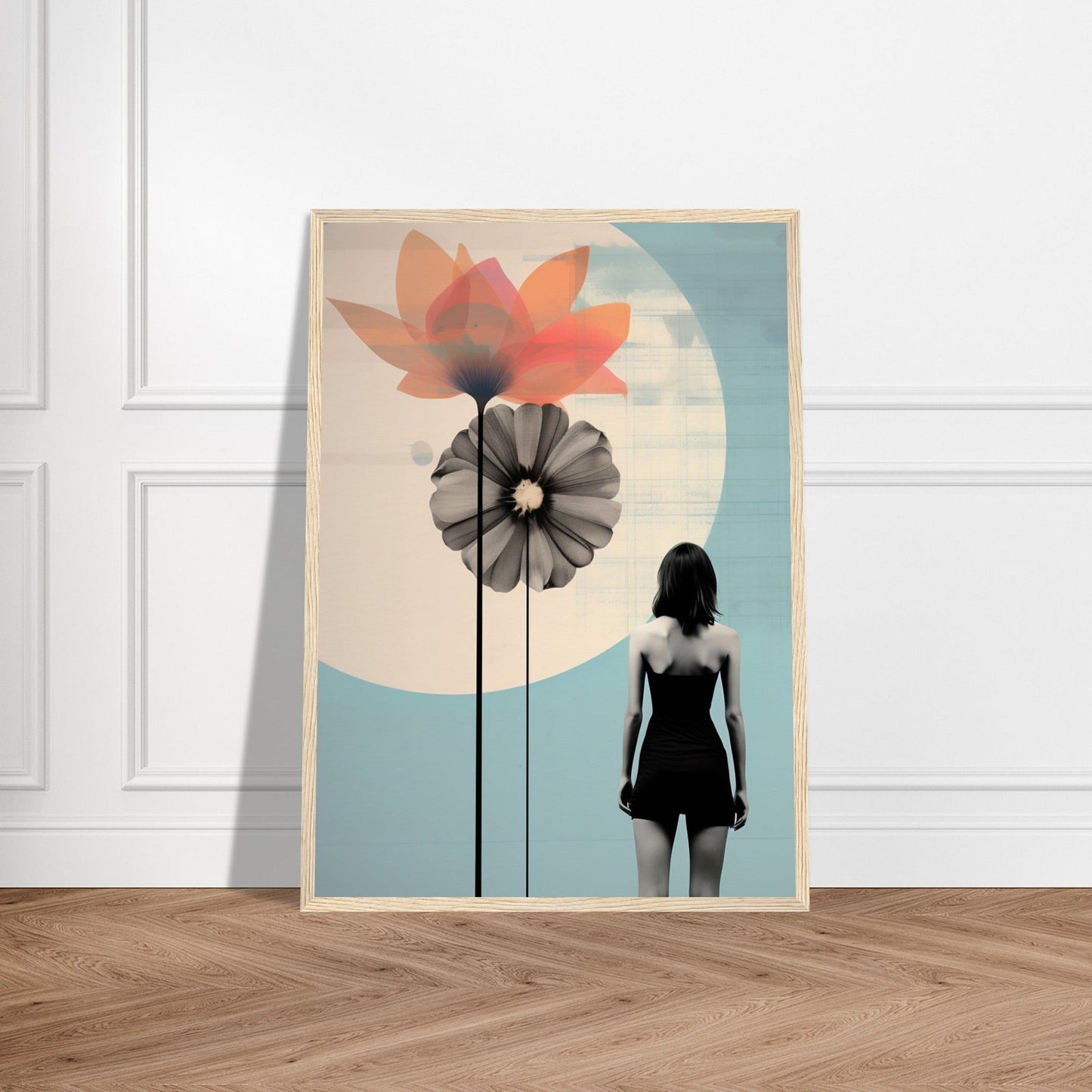 Framed artistic print featuring stylized flowers and a silhouetted figure against a minimalist background.