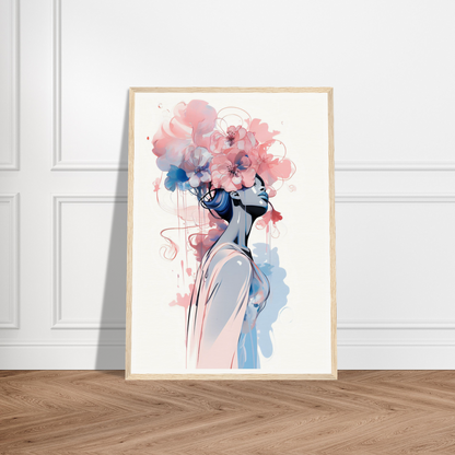 Framed watercolor painting depicting a figure with a floral head in pink and blue hues.