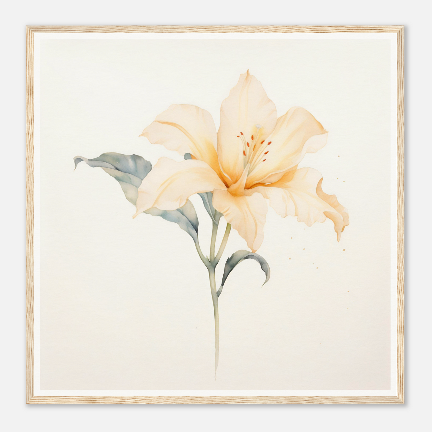 Delicate watercolor painting of a pale yellow lily with green leaves.