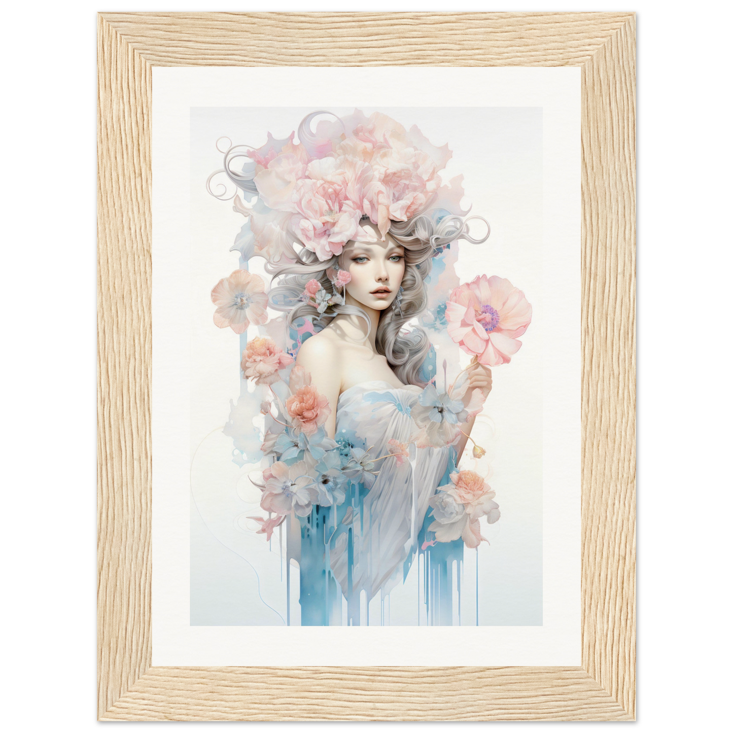 Framed watercolor painting of an ethereal feminine figure surrounded by soft floral elements.