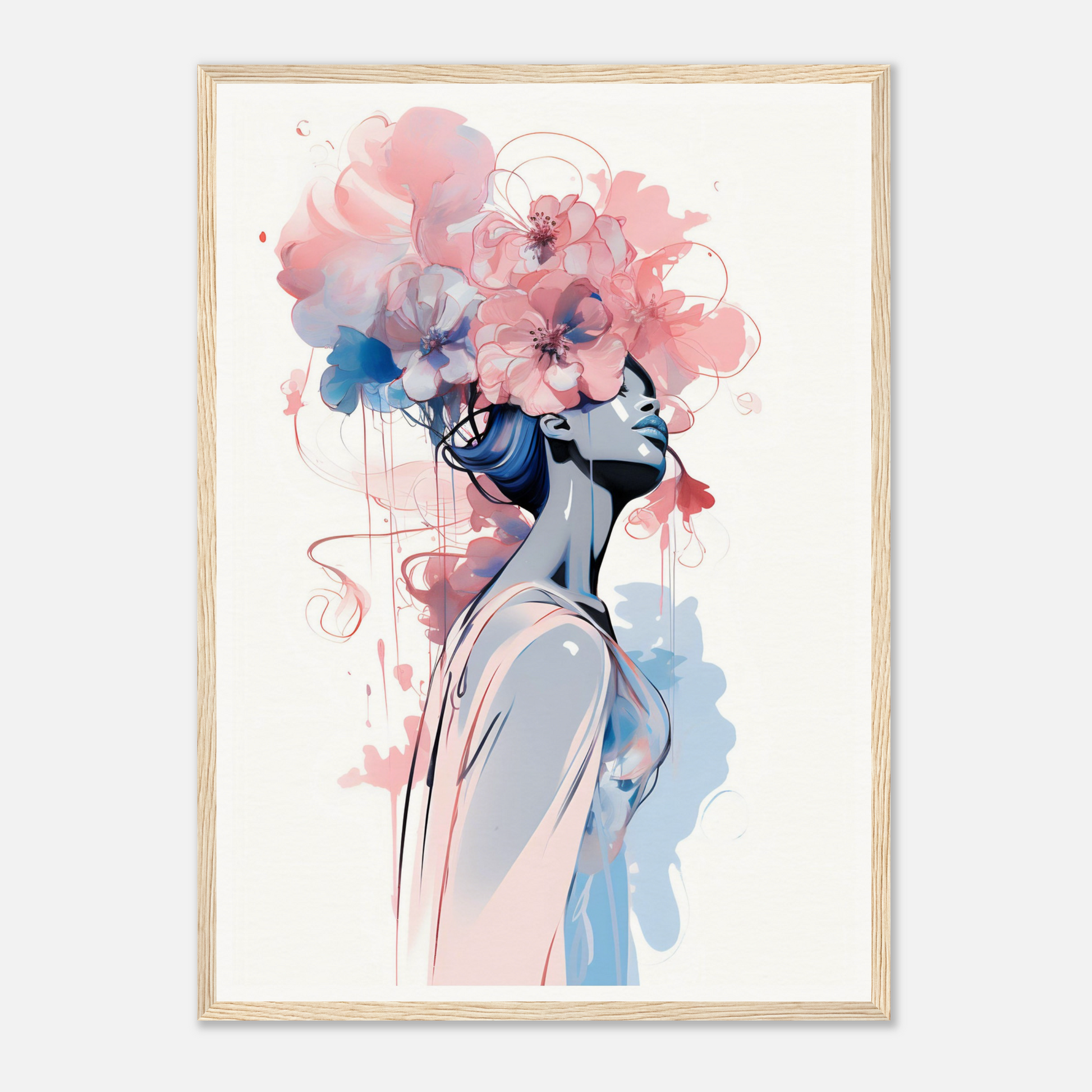 Watercolor-style illustration of a figure with a floral headdress in pink and blue hues.