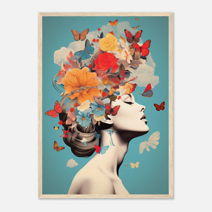 Surreal portrait of a woman with flowers, butterflies, and clouds forming her hair against a teal background.