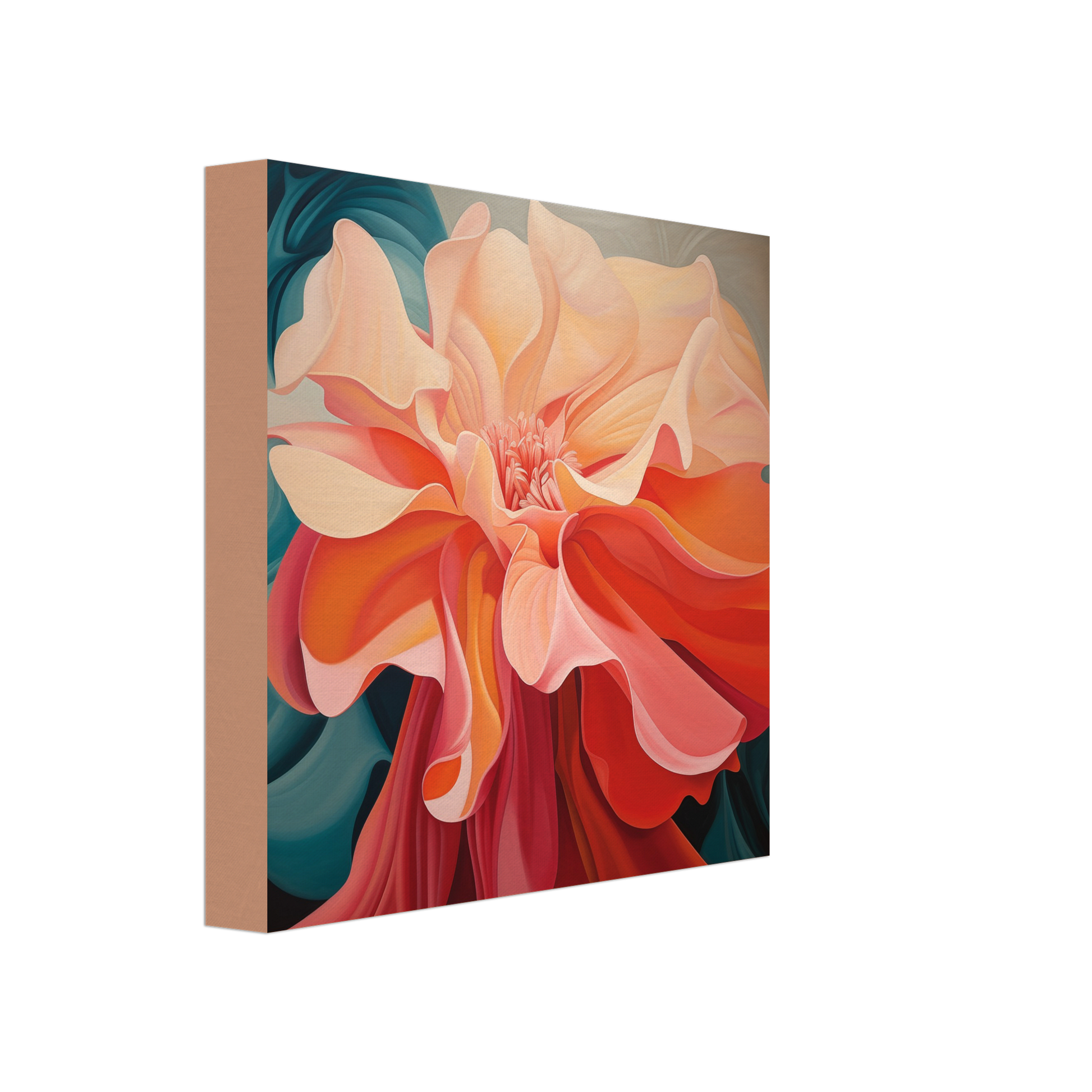 An abstract painting of The Wild In The Flower Inspired By Georgia O'Keefe - Canvas Print on a wooden frame, where the color will not be affected by this modification.